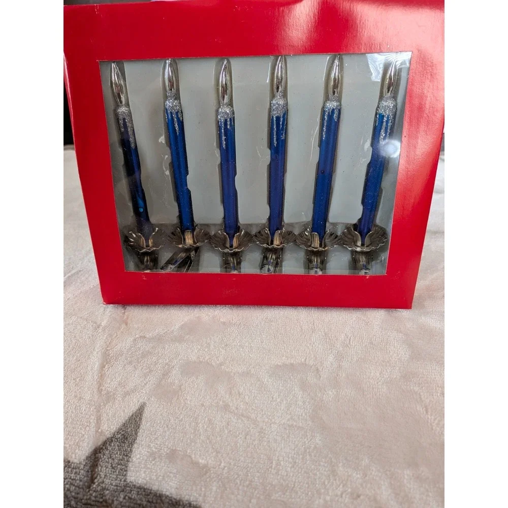 Old Fashion Candle Ornaments Friendly Home Parties Set of 6 Blue & White Clip On
